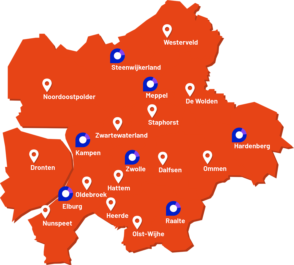Kaart van Regio Zwolle met daarop de locaties van de verschillende werkcentrums